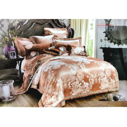 Silk-Jacquard-King-Sized-Duvet-Cover-Bedding-Set-Brown-White