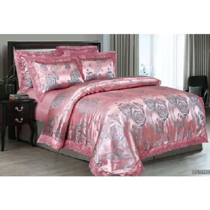 Silk Jacquard King Sized Duvet Cover Bedding Set, Pink & Grey