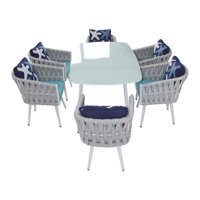 Aluminium Frame 6 Chair With Table Set - White & Blue