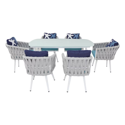 Aluminium Frame 6 Chair With Table Set - White & Blue