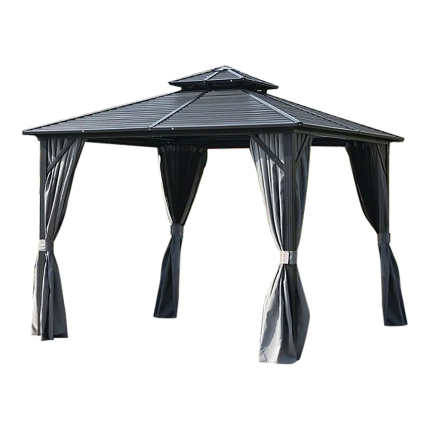 Aluminum Frame Double Roof Gazebo with Curtains, Grey - 3M