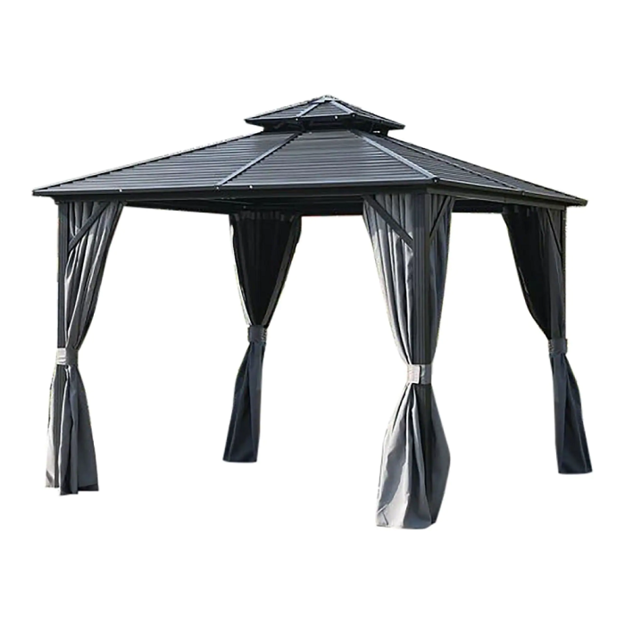 Aluminum Frame Double Roof Gazebo with Curtains, Grey - 3M