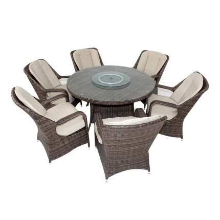 Wicker 6 Seater Dining Round Table Set, Dark Brown