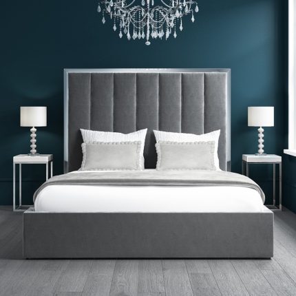 grey velvet double ottoman bed with tall headboard 1 dubai sharjah abu dhabi