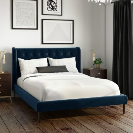 navy velvet bed frame with winged headboard 1 dubai sharjah abu dhabi