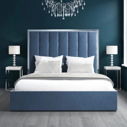 Velvet Double Ottoman Bed Blue with Tall Headboard